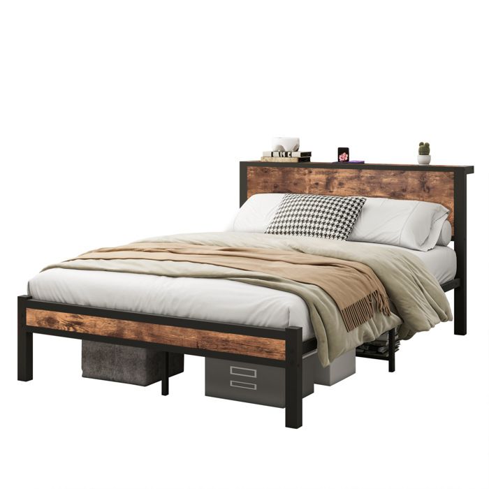 Cadre de lit en métal 140x200 cm tête de lit avec rangement sans sommier boxspring marron vintage