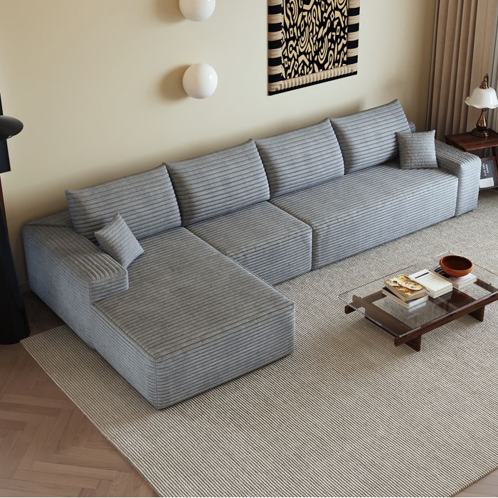 Canapé dangle modulable 340 cm compressé avec chaise longue en L - YEAVIO - tissu corduroy gris