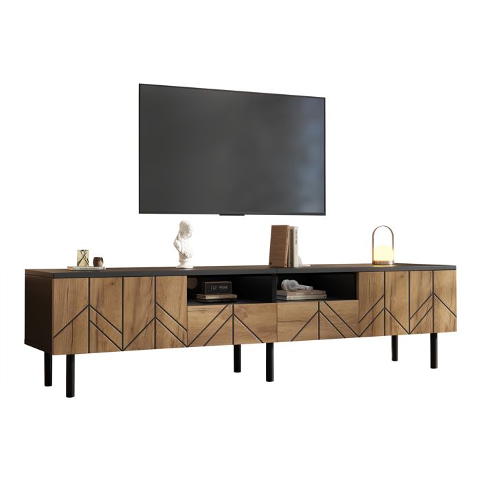 Meuble TV avec 2 tiroirs + 2 portes noir aspect et bois naturel support TV meuble multimédia console TV meuble hifi