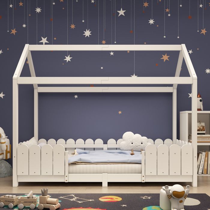 Lit enfant bois massif 90x200 cm blanc avec sommier à lattes et protection anti-chute pour garçons et filles Lit enfant bois massif 90x200 cm blanc avec sommier à lattes et protection anti-chute pour garçons et filles