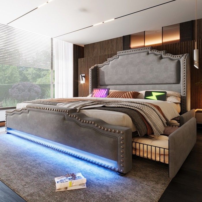 Lit rembourré en velours gris - BLACKCOLOR - 160 x 200 cm - 4 tiroirs de rangement - LED intégrée - Ports USB et Type-C