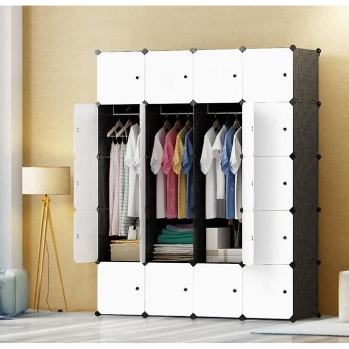 Armoire Penderie Portable 35x45 Cm - 20 Cubes Avec Portes, 3 Tringles, Empilable, Rangement Vêtements