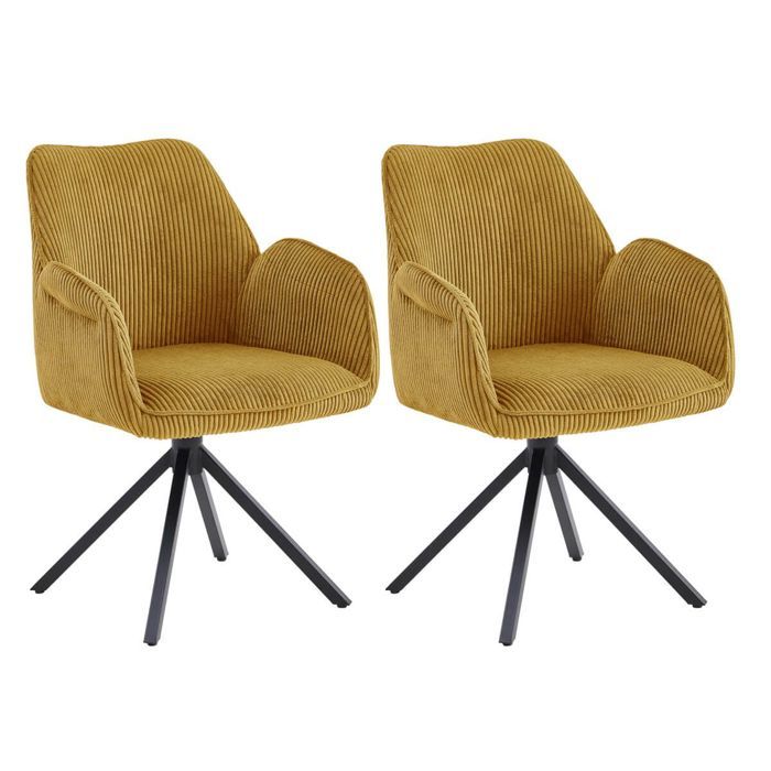 DELIA - Lot de 2 Fauteuils de table Pivotants Tissu Velours Côtelé Jaune DELIA - Lot de 2 Fauteuils de table Pivotants Tissu Velours Côtelé Jaune