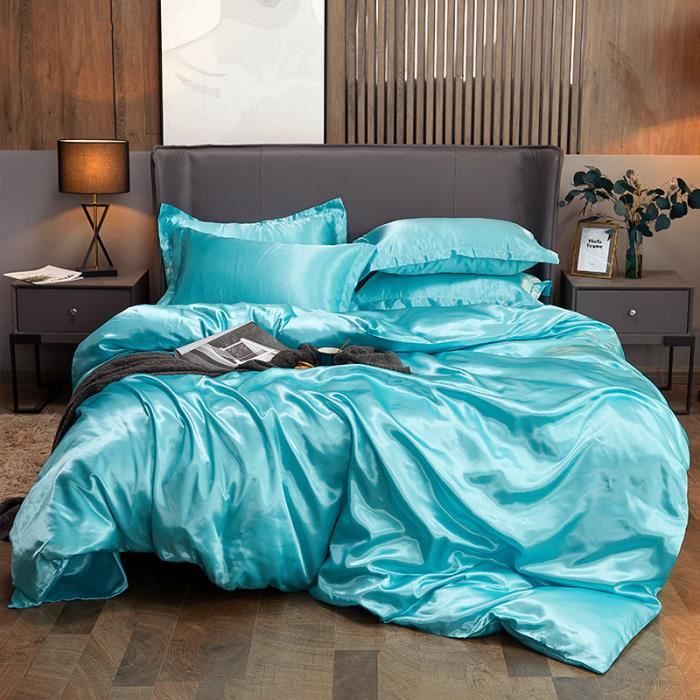 Ensemble Parure de lit Satin  220x240cm Lisse Housse de Couette avec 2 Taies doreillers 55*83cm + 1 Drap 230*240CM Couleur A