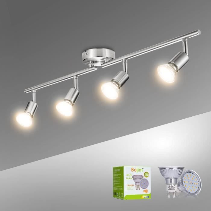 Plafonnier LED 4 Spots Orientables 340° - Lumière Blanche Chaude 3000K Avec Ampoules GU10 Dimmables