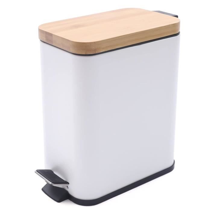Poubelle Salle De Bain étroite Avec Couvercle - Design Marbre & Bois, Pédale, 18 Cm De Large