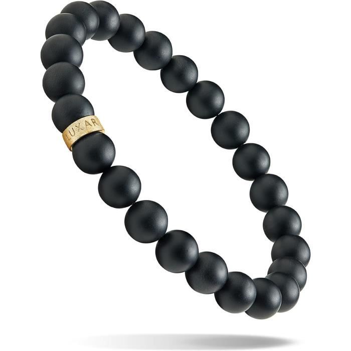 Bracelet Perle Noire pour Homme en Argent et Onyx Mat et Fil Élastique