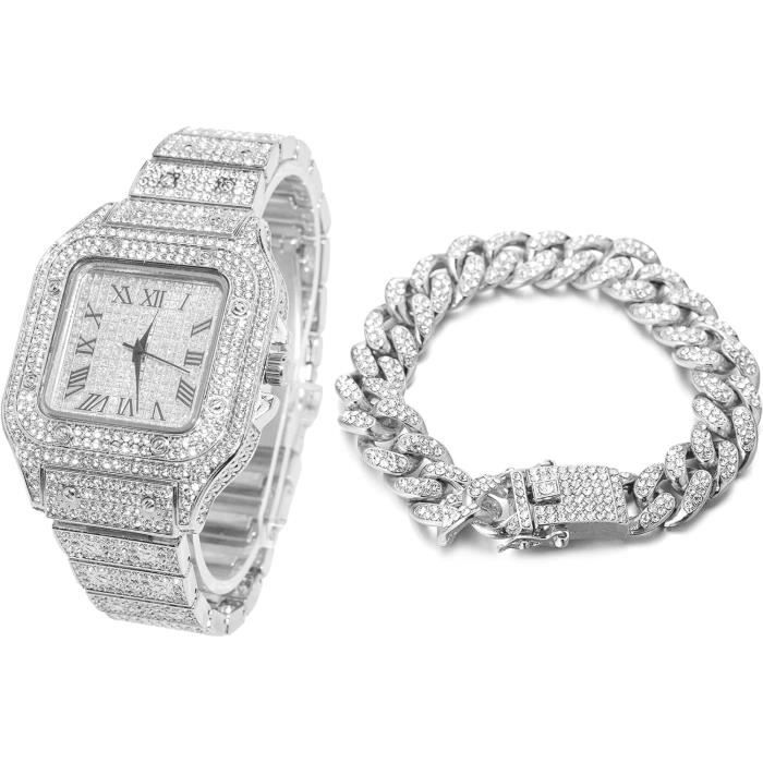 Montre Homme Carrée Hip-hop - Argent Simulé Avec Diamants Glacés - Bracelet Cubain - Quartz - Neuf