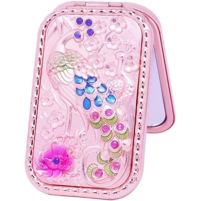 Miroir Compact Pliant Vintage - Double Face Avec Décors Paon - Miroir De Vanité - Neuf