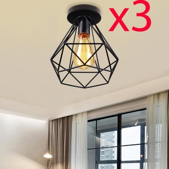 Plafonnier Lustre Cage Fer Noir Industrielle - Tempas - Dimensions 20x22cm - Source E27