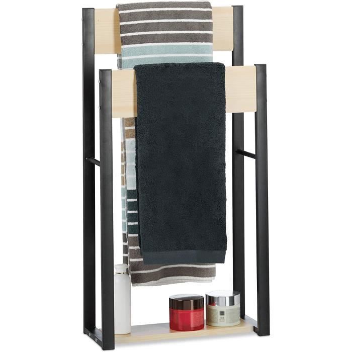 Porte-Serviettes Sur Pied Relaxdays Design X Avec 2 Étagères - Support Serviettes Bain Bambou Acier 93x46x20cm