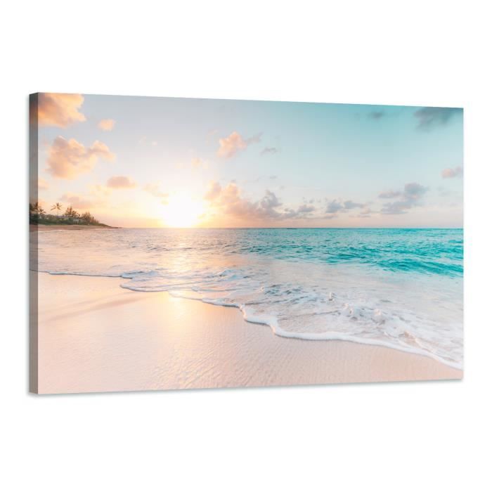 Tableau Toile Vague Plage 120x80cm - Photo Aérienne Moderne - Déco Salon Chambre Horizontal