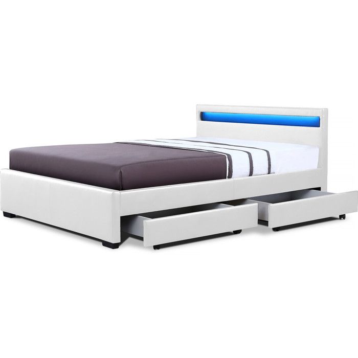 Lit LED avec 4 tiroirs Nico - 160 × 200 cm - Blanc