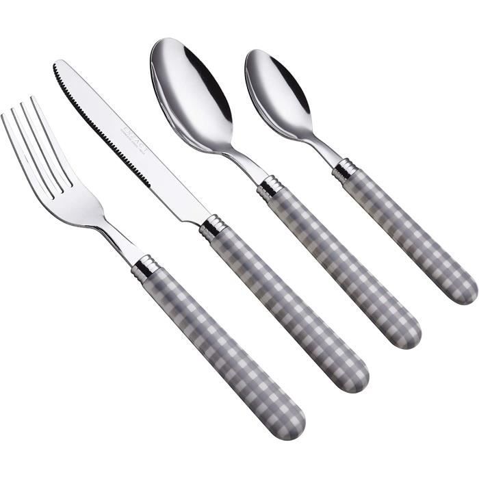 Set De Couverts EXZACT 24 Pièces - Acier Inoxydable, Poignées Colorées Vichy - 6 Fourchettes, 6 Couteaux, 6 Cuillères, 6 Cuillères à Café