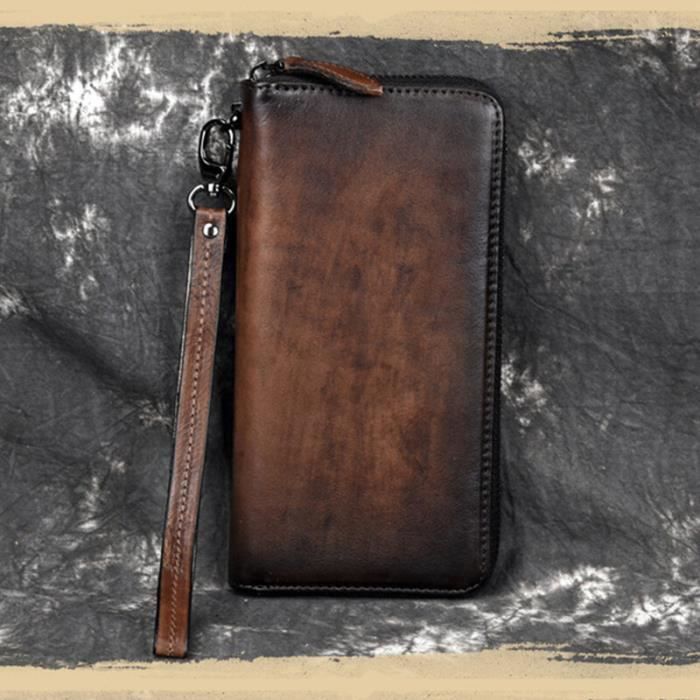 FASHIONGEN Porte-Monnaie En Cuir Véritable Double Compartiment à Zip - Marron - Homme Et Femme