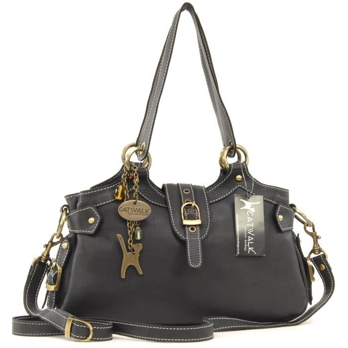 Sac à Main Cuir Catwalk Collection Caroline – Moyen Multipoches Épaule – Cuir Naturel Pressé Fossile Élégant