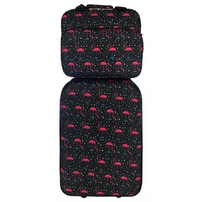 set de valises 54cm synthétique rose et noir - imprimé flamant - ba40132 -