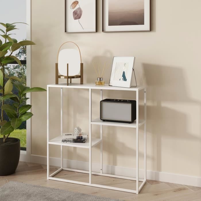 Table console Strömstad avec 3 surfaces de rangement acier 80 x 80 x 26 cm blanc mat