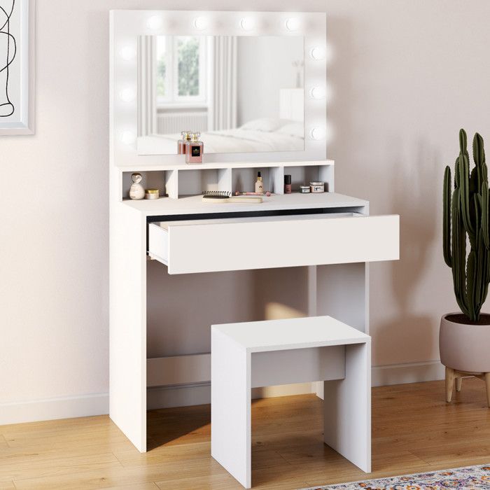 IDMARKET Coiffeuse ZELIA miroir LED avec 4 niches 1 tiroir et tabouret IDMARKET Coiffeuse ZELIA miroir LED avec 4 niches 1 tiroir et tabouret