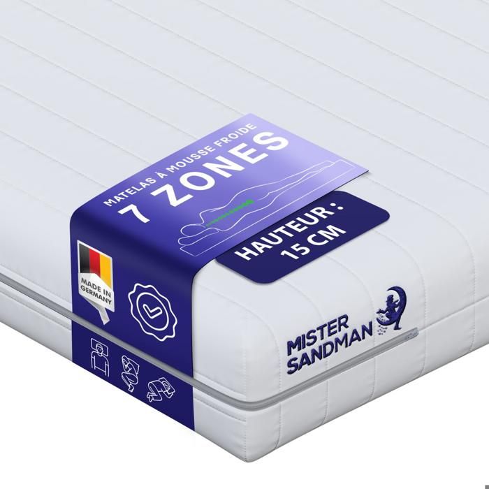 Matelas 90x200 cm en mousse 2 faces réversible ferme ou équililibré 7 zones de confort épaisseur 15 cm fabriqué en Allemagne