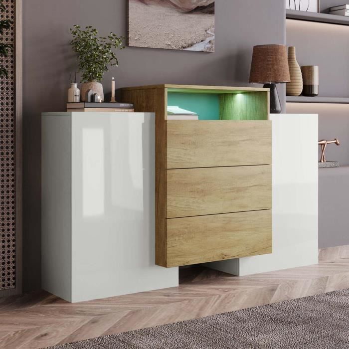 Buffet avec 2 portes 3 tiroirs et LED pour salon et chambre 140 x 30 x 77 5 cm naturel + blanc