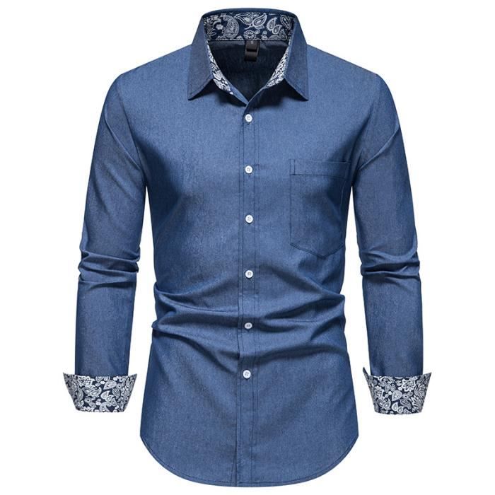 Chemise Homme Chemisette en Denim Manches Longues Chemises Habillees Decontractee Henley Shirt Imprime Pesley Pour Homme Bleu Fonce bleu fonce Cdiscount Pret a Porter