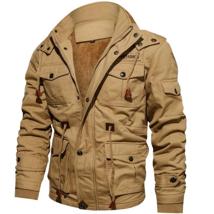 Manteau de Hiver Homme en Coton ?? Capuche Chaud Doublee Polaire Veste Homme Hiver Fashion Kaki 