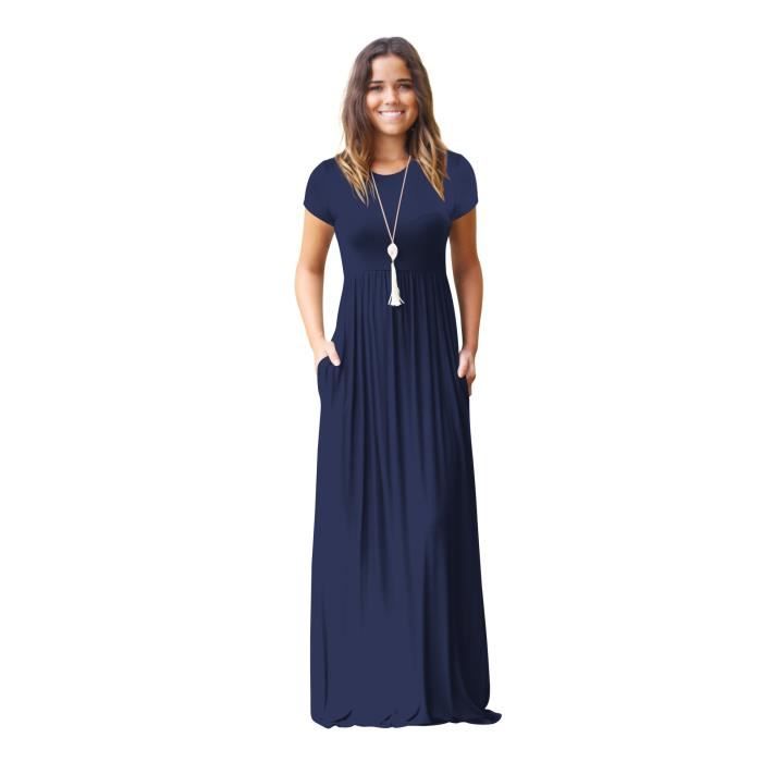 Robe Longue Femme Ete Manches Courtes Col Rond Casual Robe Couleur Unie Avec Poches Café