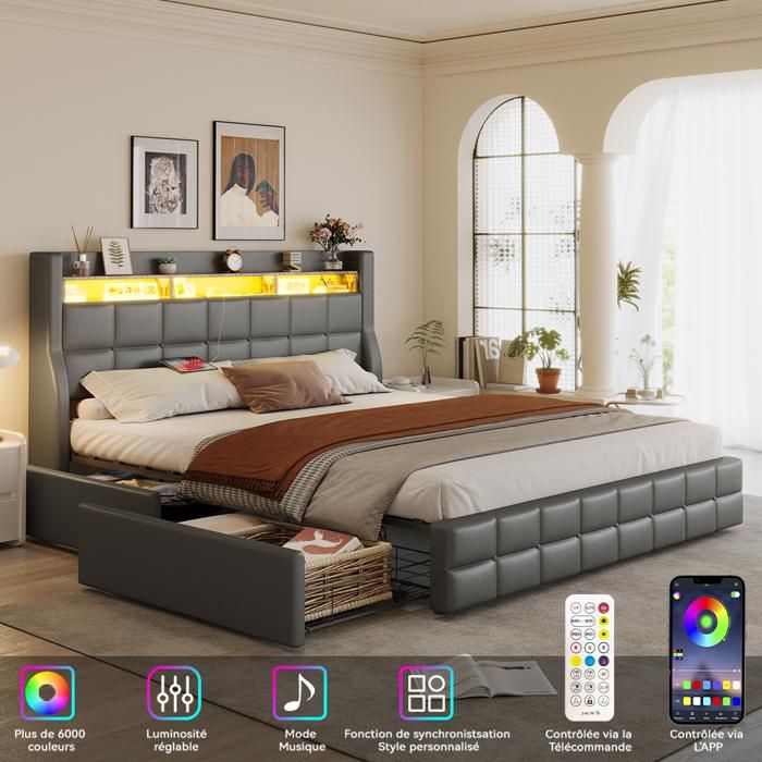 Lit 140x190 CM avec 4 Tiroirs - avec LED et USB - Lit Coffre avec Rangement - 2 Personnes - en Métal - Gris - PU