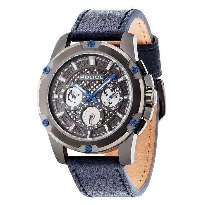 POLICE HOMME 48MM BRACELET CUIR BLEU QUARTZ CADRAN NOIR MONTRE 14689JSU/13