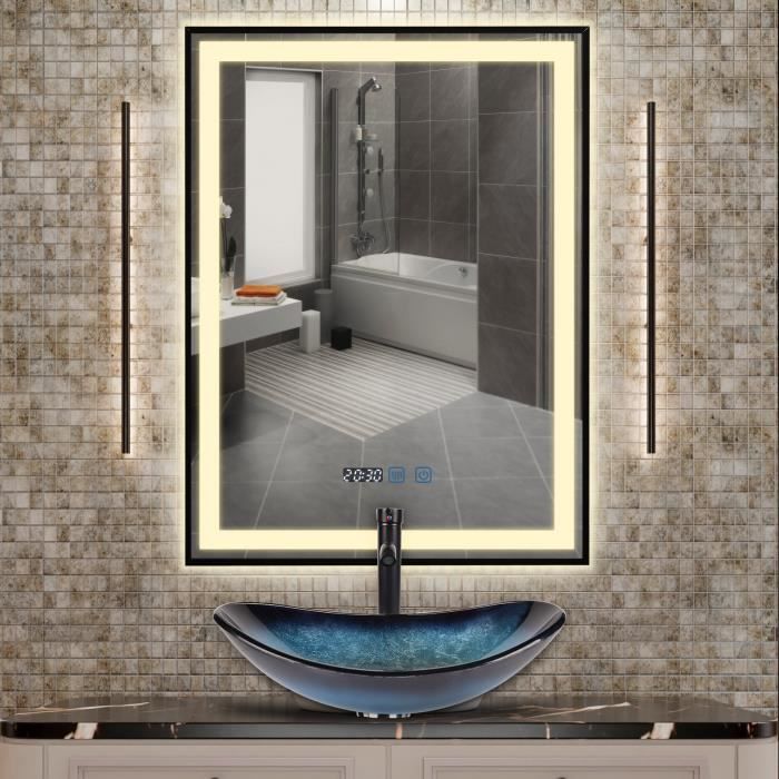 Miroir de Salle de Bain LED Anti-Buée 3 Couleurs Éclairage Réglable Touche Tactile 60x80cm Miroir de Lumineux