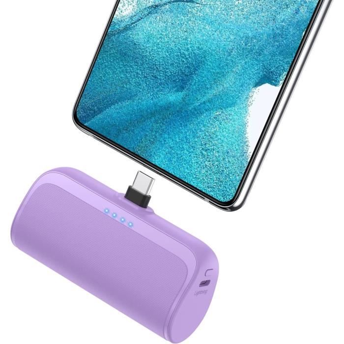 Power Bank Mini 5200mAh Avec Fiche Intégrée Pour IPhone - Charge Rapide 18W PD, Double Sortie, Violet, Ultra Compact