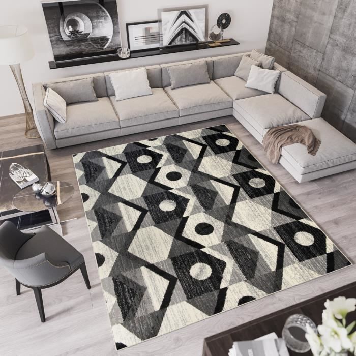 TAPISO Qmega Tapis Salon Chambre Ado Design Moderne Gris Crème Noir ...