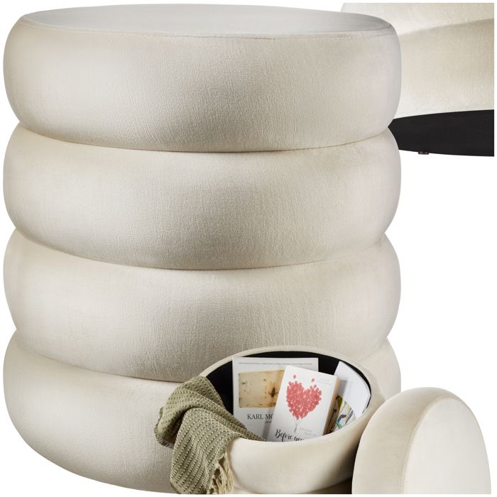Tabouret - TECTAKE - Tabouret avec espace de rangement ALTU en bois MDF rond à laspect bouclé Ø 42 x 47 cm - Crème/Blanc