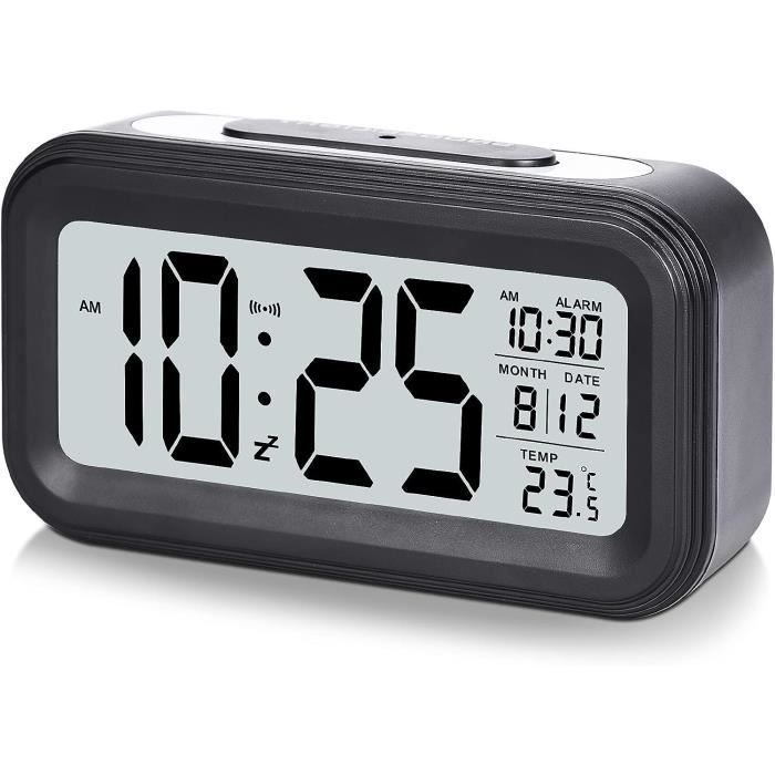 Voniobuy Réveil Numérique, Réveil avec Grand Écran LED Tactile, 2 Alarme 12/ 24H, Fonction Snooze/Luminosité Réglable, Suivi de l'Humidité et Température pour Matin Nuit, Piles ou USB Port Gris