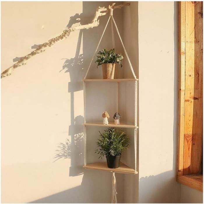 Etagere Murale En Bois Macramé Boheme à Deux étages Design, Etagere Suspendue Corde Flottante De Plantes Interieur,Rangement A755 - Maison