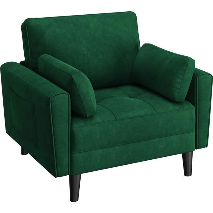 Yaheetech Fauteuil de Salon 1 Place en Tissu Effet Lin avec 2 Coussins Poches de Rangement Latérales Vert