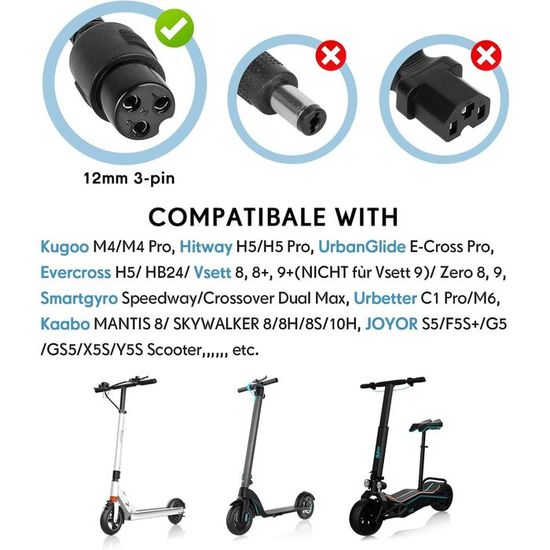 Chargeur 54,6V 2A Pour Trottinette Électrique - Compatible Hitway, Kugoo, UrbanGlide, Vsett, Zero - Prise 12mm 3 Broches - Protection 6 En 1 - Sac EVA étanche Inclus