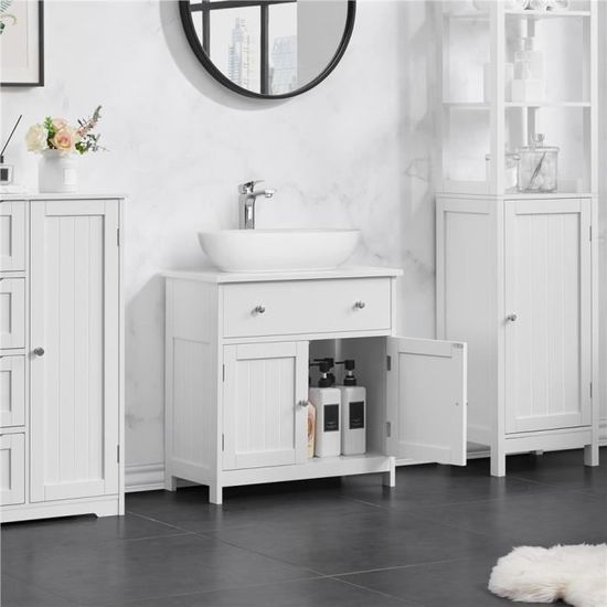 Yaheetech Meuble Salle De Bain 60x30x80cm - Armoire Rangement Avec Tiroir, Portes Et Étagère Amovible