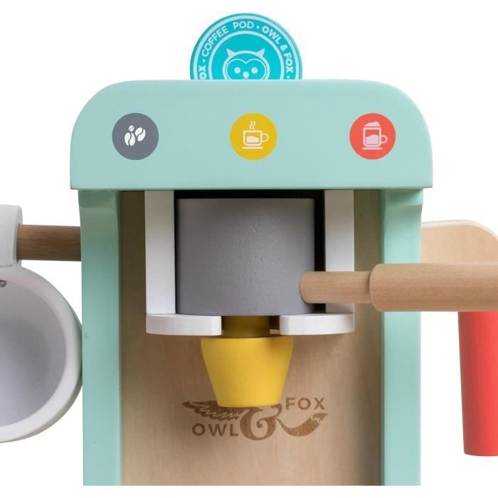 Machine à Café En Bois Owl & Fox – Jeu D’imitation Pour Petits Baristas, Avec Dosettes, Mousseur Et Tasses – Certifié FSC – Dès 3 Ans – 11 X 13 X 20 Cm