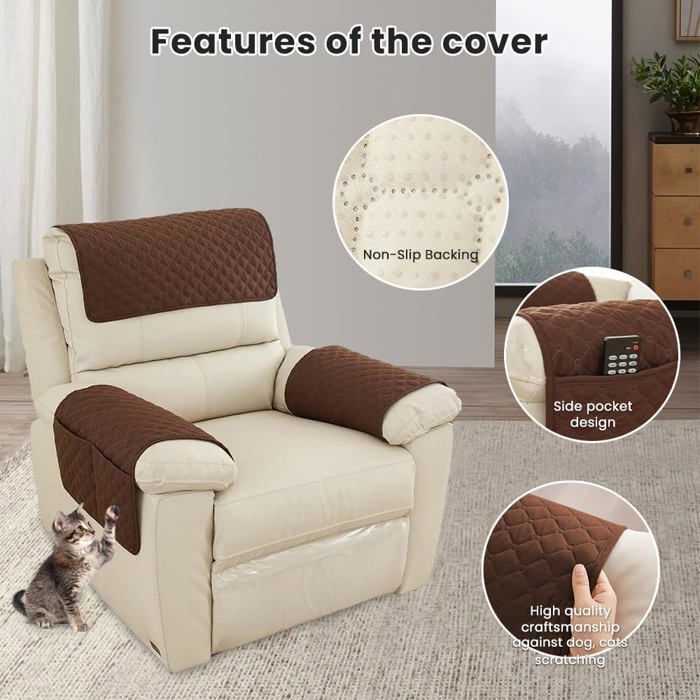 Housse De Fauteuil 4 Pièces - Tissu Jacquard Gris-brun - Avec Poches Sur Accoudoirs - Pour Fauteuil Relax Ou Massage