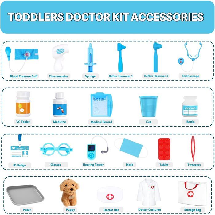 Mallette Docteur Enfant – 2 En 1 Médecin Et Vétérinaire, Blouse, Stéthoscope, Tensiomètre, Thermomètre, 24 Pièces, Dès 3 Ans