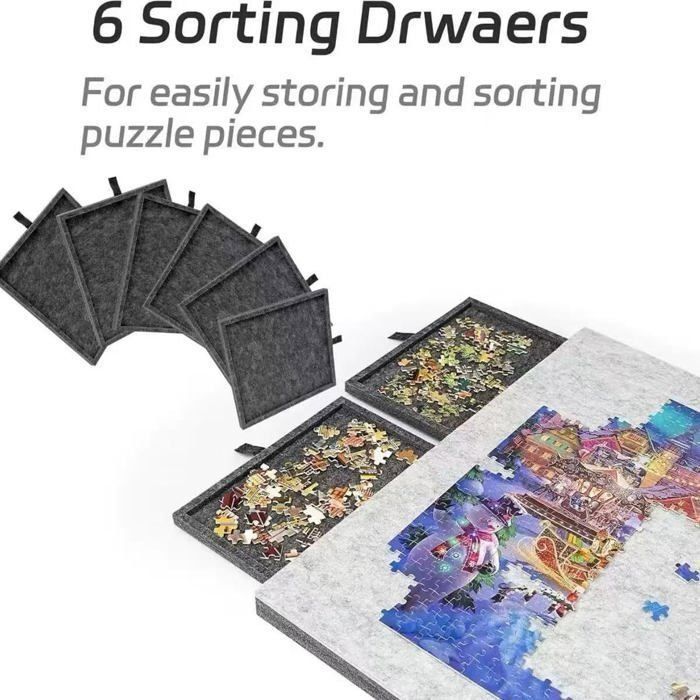 Planche à puzzle et table de puzzle 1000 pièces – Planche à puzzle inclinable avec 6 compartiments de tri colorés, support et couvercle 2 en 1, plateau de tapis de puzzle léger