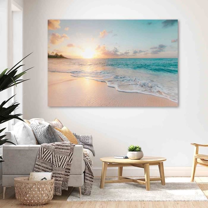 Feeby Impression sur Toile Intissé Mer Plage Herbe Nature 50x40 cm Image Moderne Tableau Déco Mural Salle De Séjour Coucher De Soleil multicolore