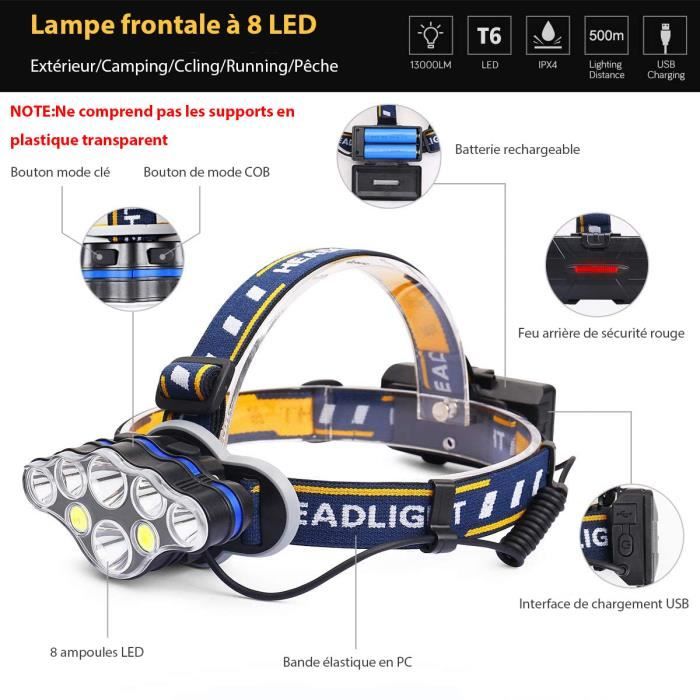 Lampe Frontale Rechargeable Puissante,Super Brillante 18000 Lumens 8 LED  Lampe Frontal USB,étanche Headlamp pour