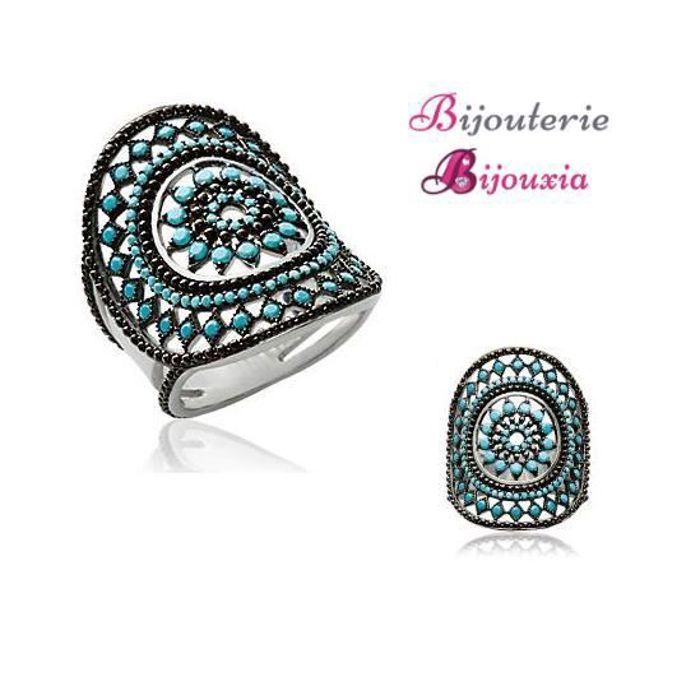 Bague Ancienne En Argent Massif 925 Avec Pierre Turquoise - Taille 54 - Bijou Vintage D'occasion France