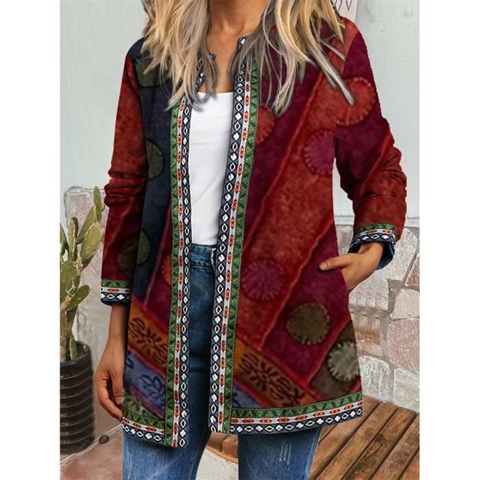 MINETOM Manteau Vintage Femme Style Ethnique Imprime Floral Chic Fleur Imprimer avec poche U vin rouge Cdiscount Pret a Porter