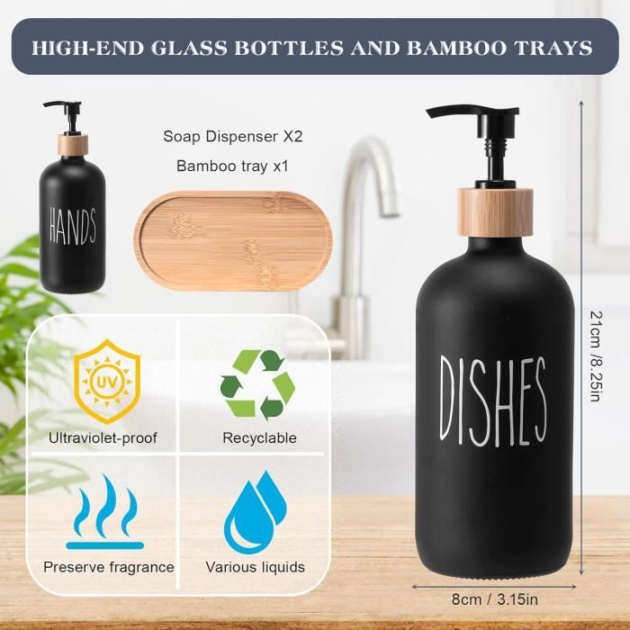 Ensemble 2 Distributeurs Savon Verre 500ml Avec Plateau Bambou - Décoration Noir Et Blanc Cuisine Salle De Bain
