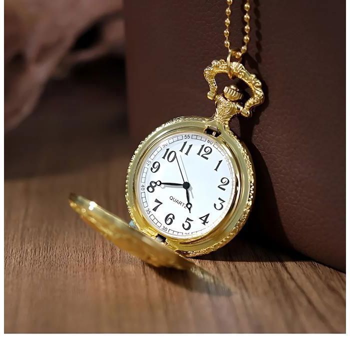 Montre Gousset Vintage Dorée Avec Chaîne – Réveil Rétro Quartz Portable, Pendentif Élégant Pour Homme Femme, Idée Cadeau Originale