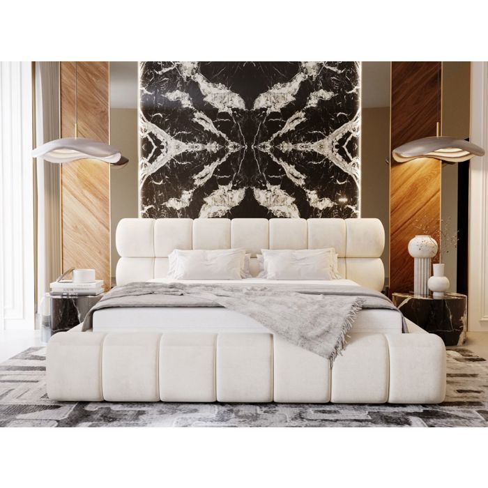 Lit rembourré avec rangement - 180 x 200 - lit double - velours - beige - Doria